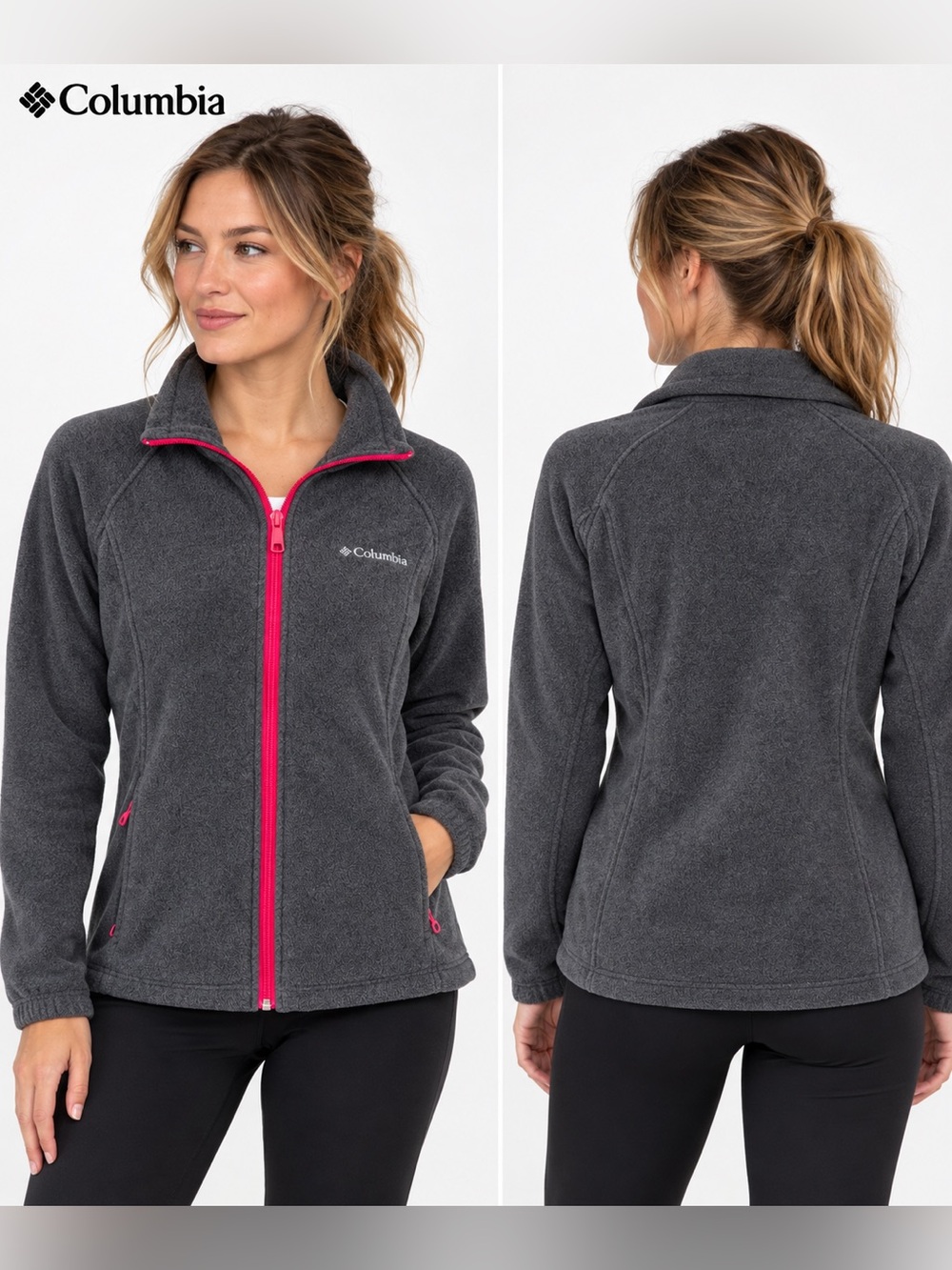 Columbia Women's Charcoal Fleece Jacket with Bright Pink Zip Size M